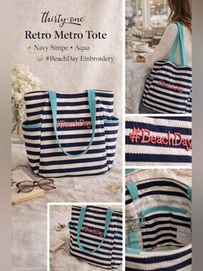 Thirty-One Retro Metro Bag Navy Stripe Aqua EUC #BeachDay Tote
